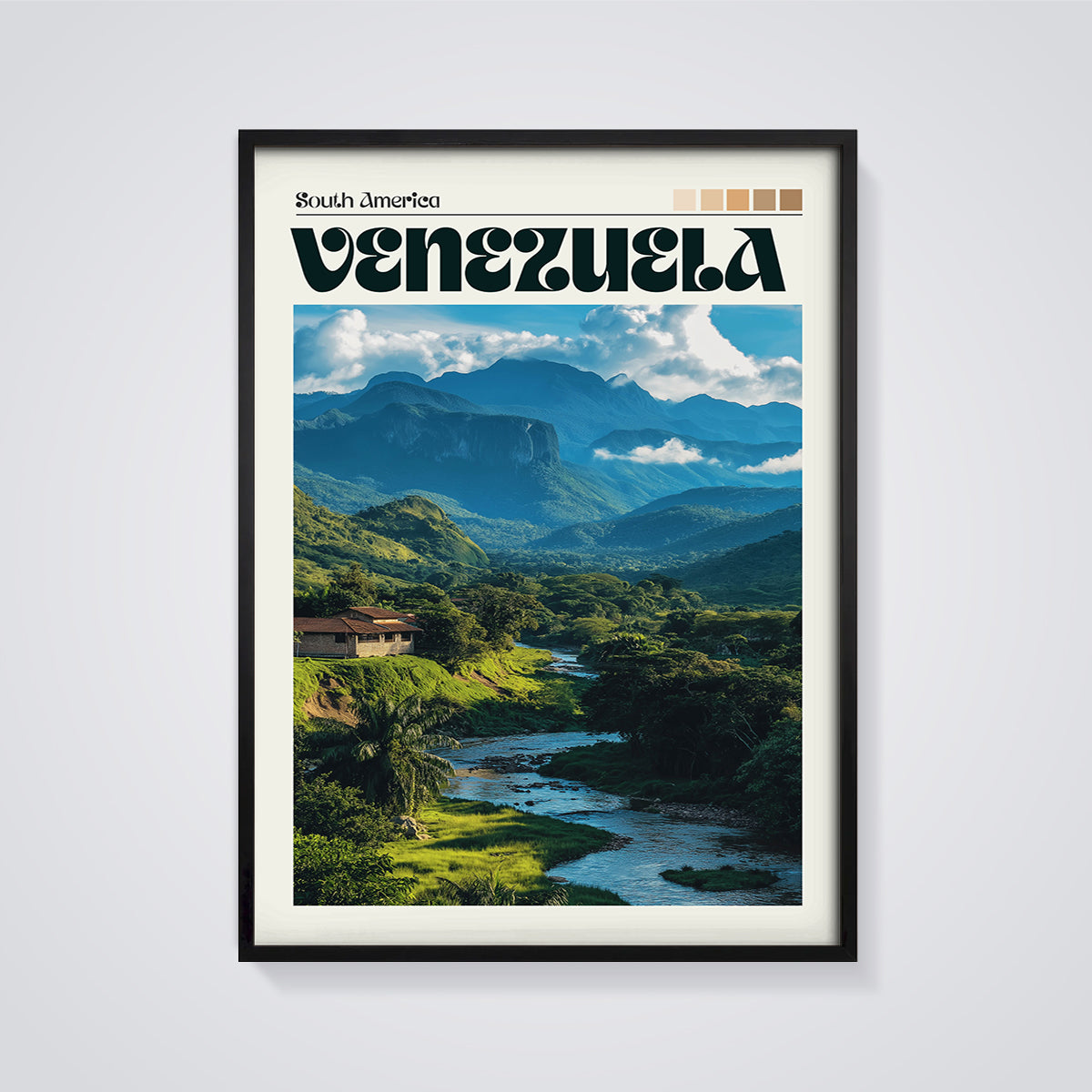 Venezuela Landscape Print framed in black on a grey background