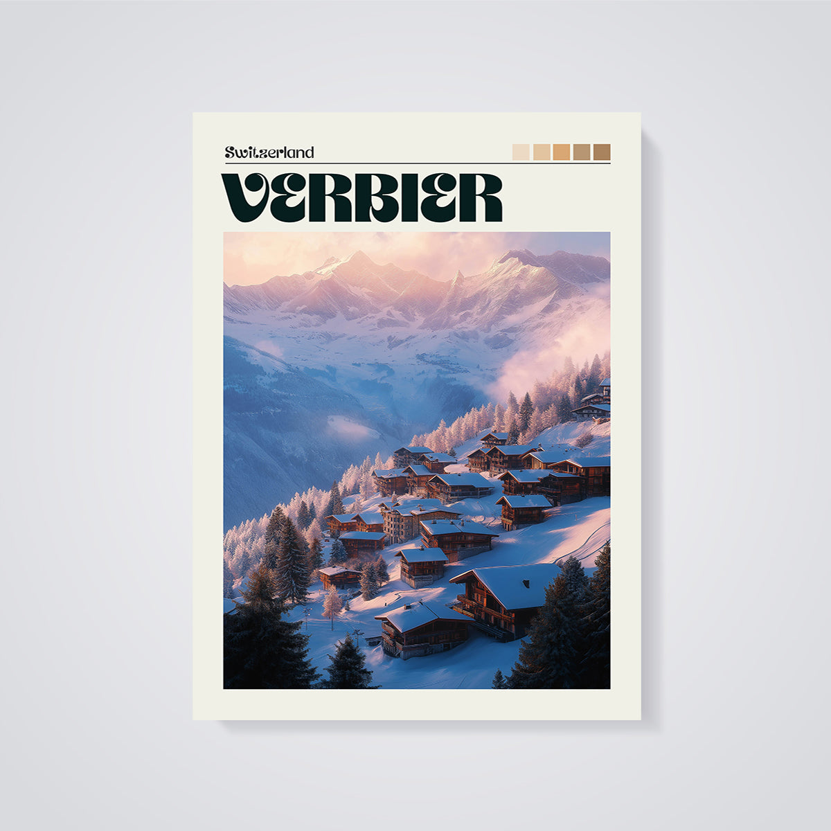 Verbier Alpine Village Print unframed on a grey background