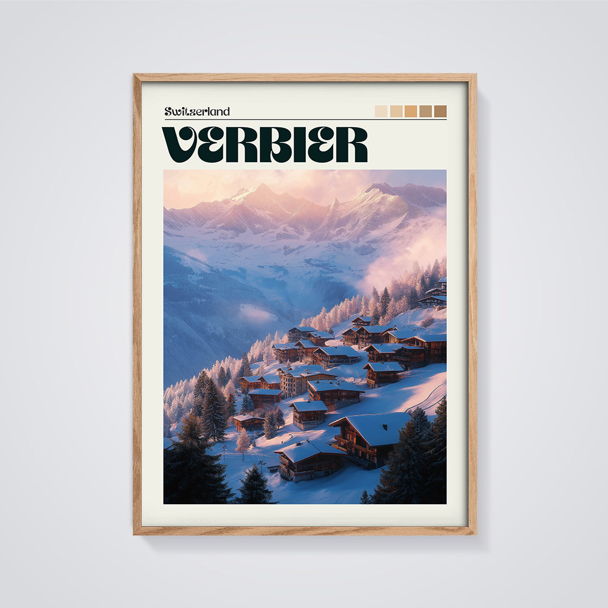 Verbier Alpine Village Print framed in oak on a grey background