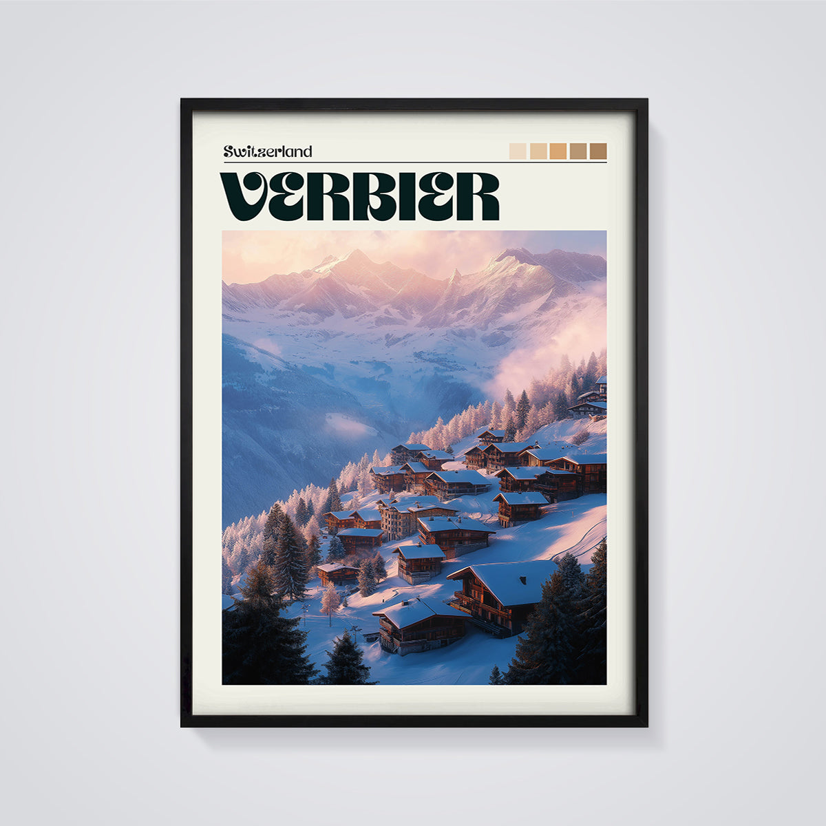 Verbier Alpine Village Print framed in black on a grey background