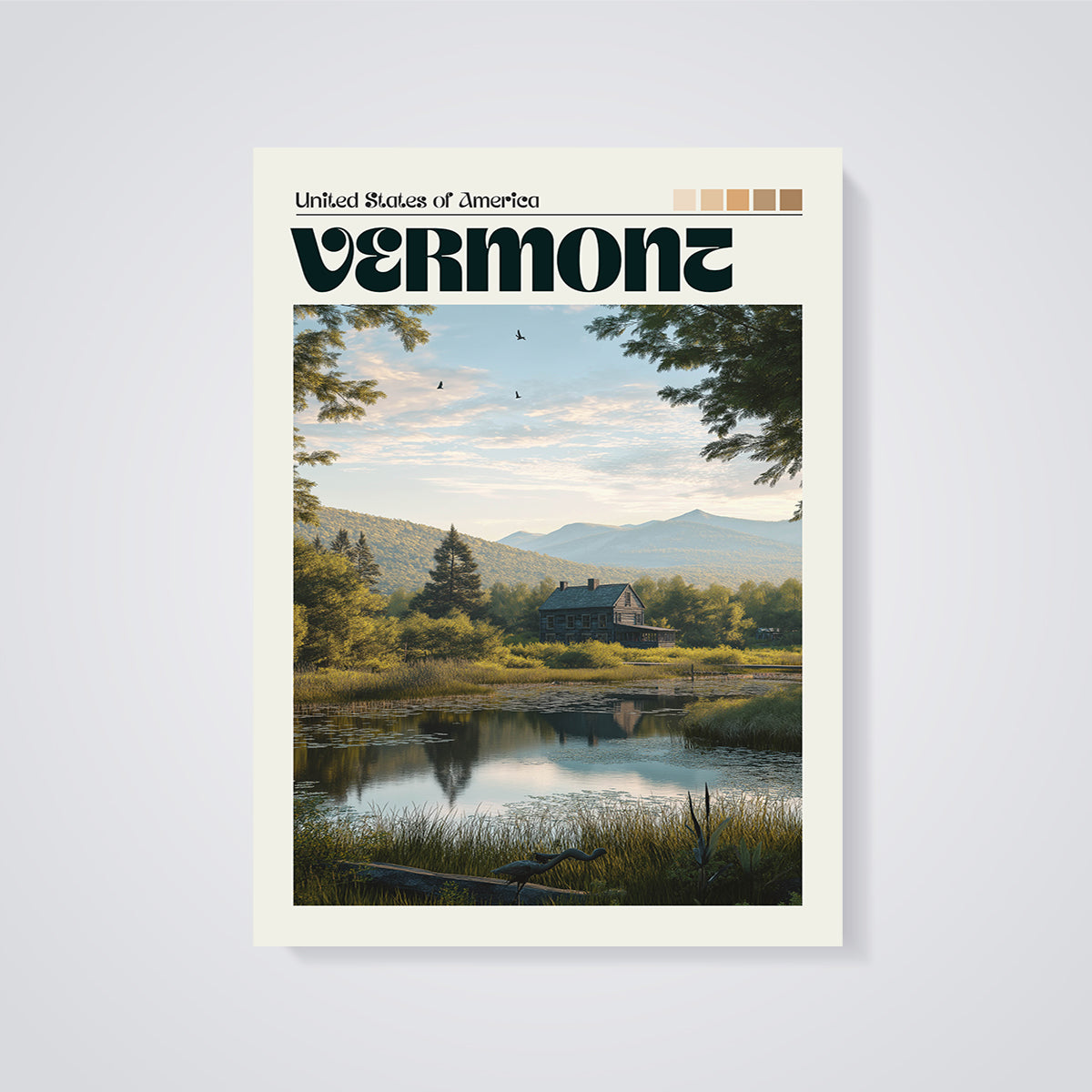 Vermont Lake House Print unframed on a grey background