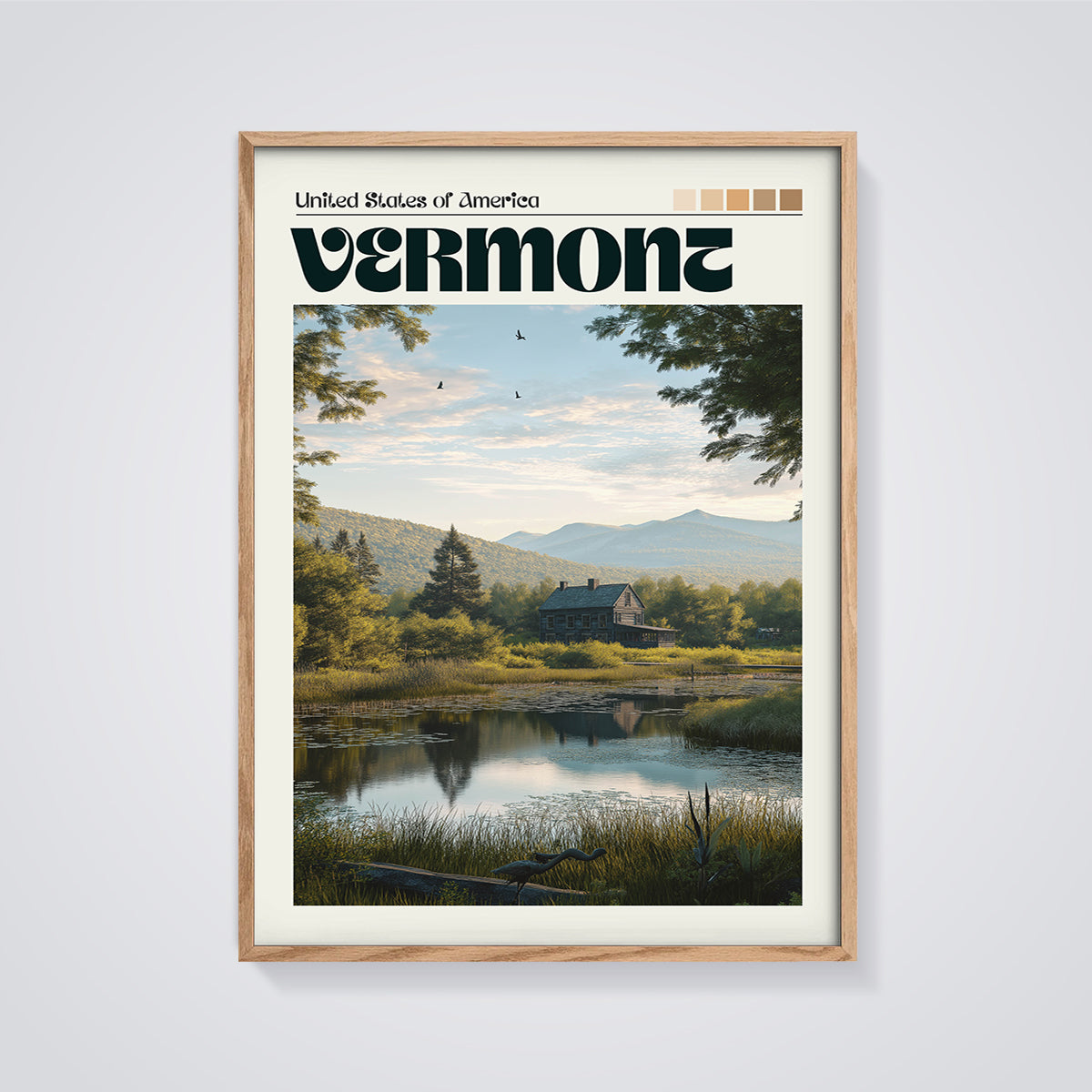 Vermont Lake House Print framed in oak on a grey background
