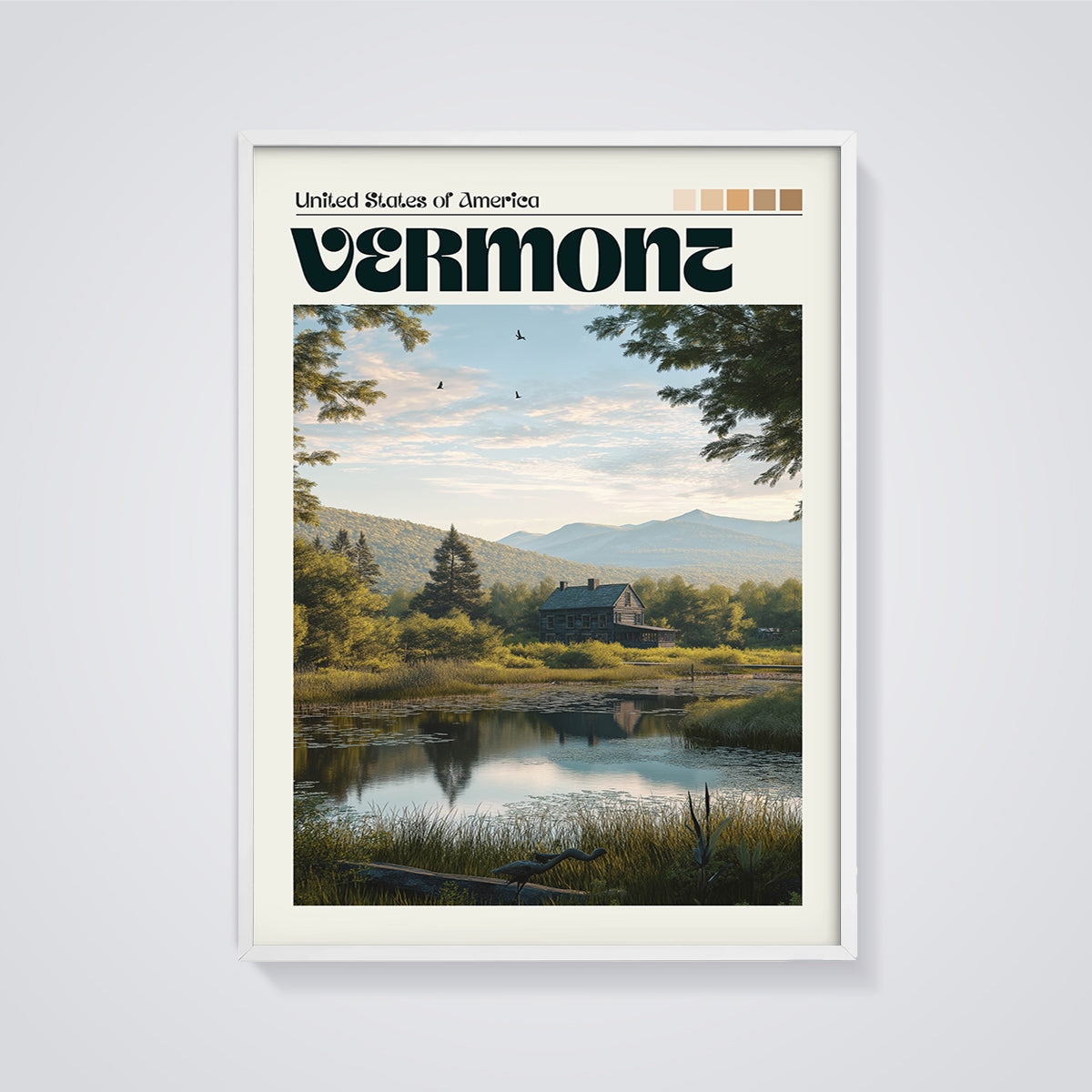 Vermont Lake House Print framed in white on a grey background