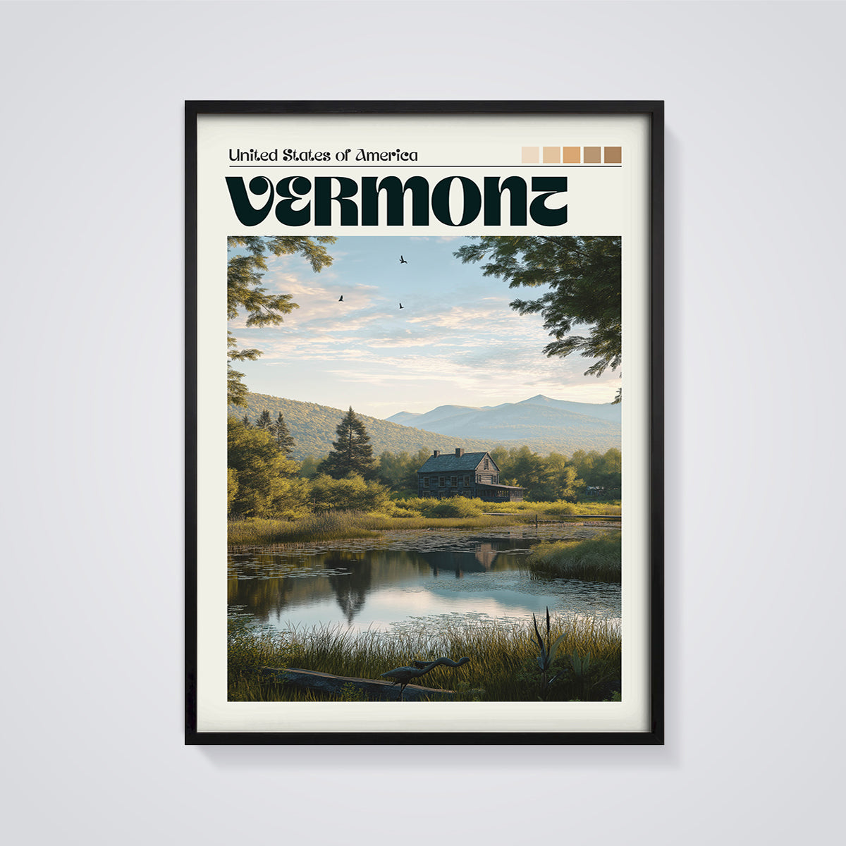 Vermont Lake House Print framed in black on a grey background