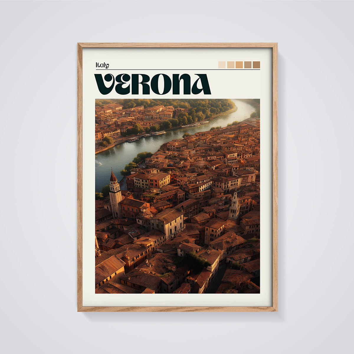 Verona Italy Rooftops Print framed in oak on a grey background