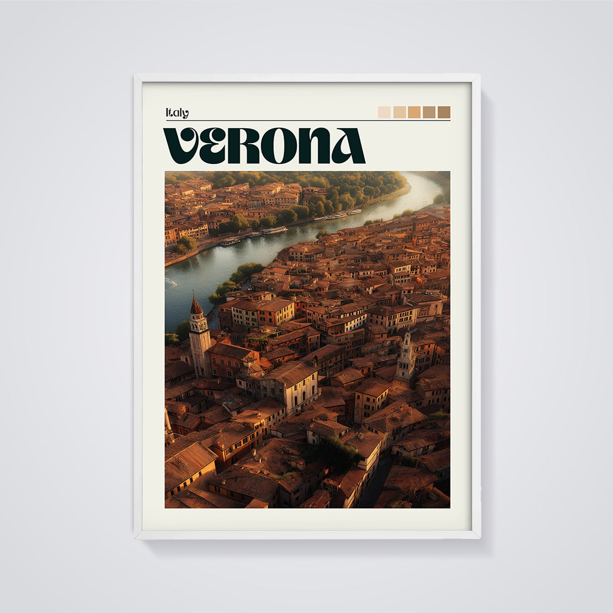 Verona Italy Rooftops Print framed in white on a grey background