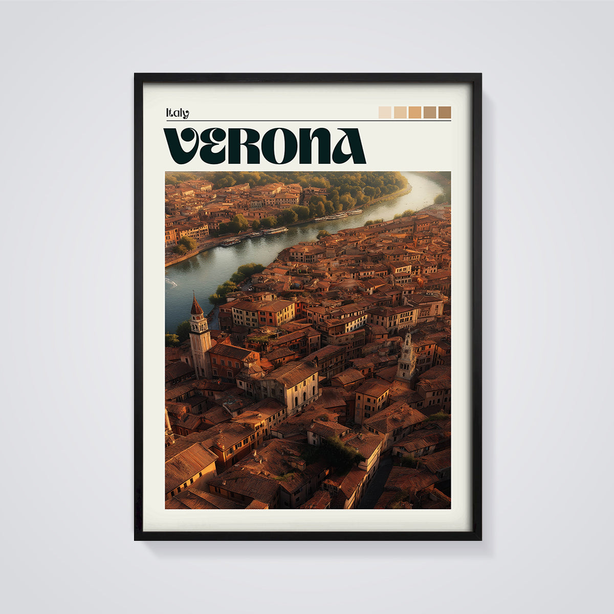 Verona Italy Rooftops Print framed in black on a grey background