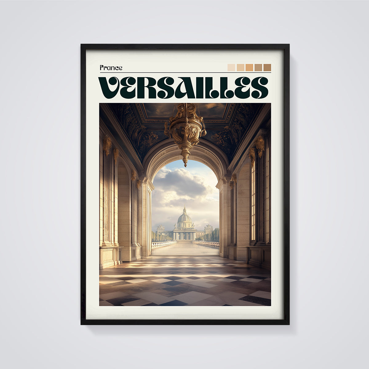 Versailles Palace Archway Print framed in black on a grey background