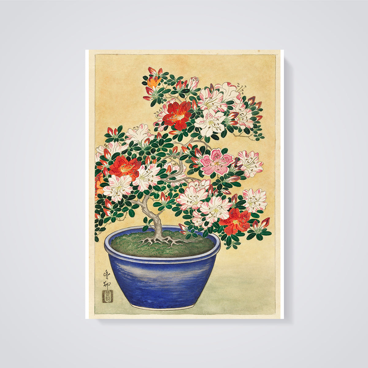 Vibrant Azalea Bonsai Print unframed on a grey background