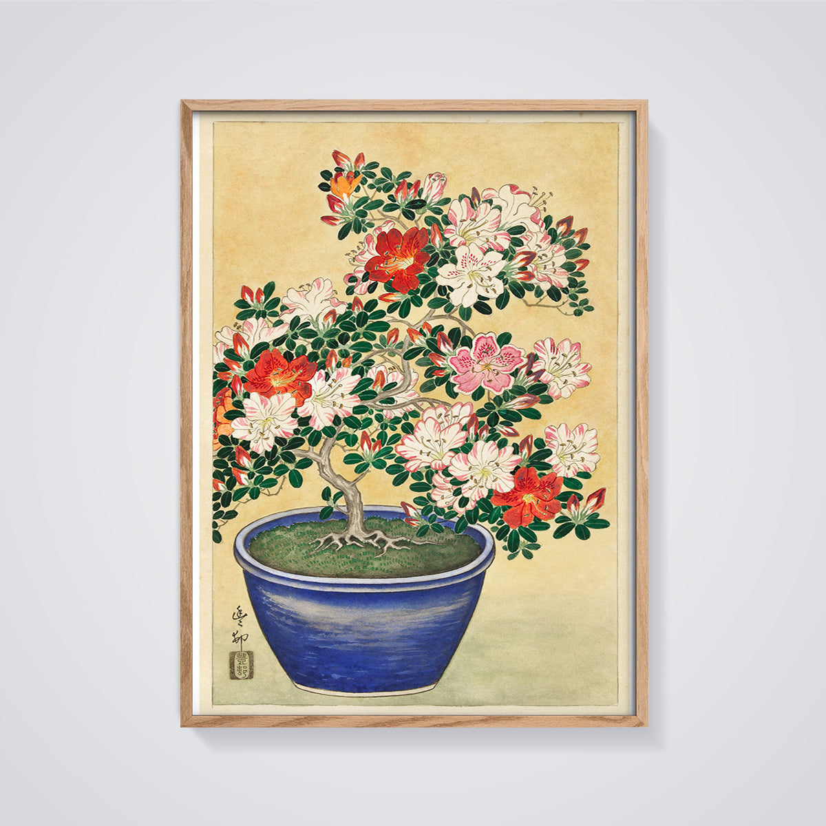 Vibrant Azalea Bonsai Print framed in oak on a grey background