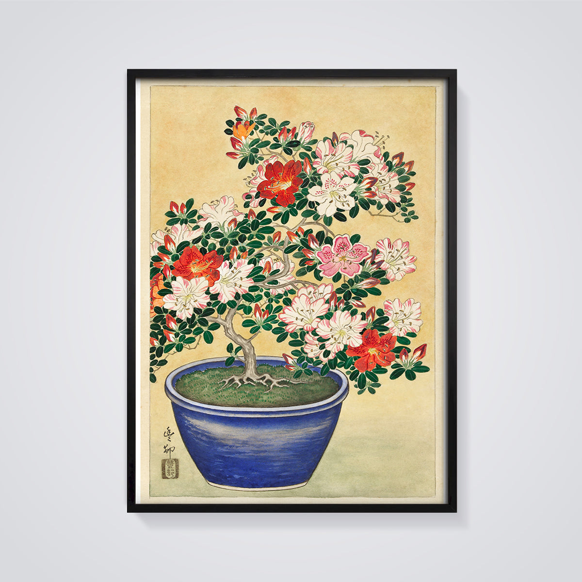 Vibrant Azalea Bonsai Print framed in black on a grey background