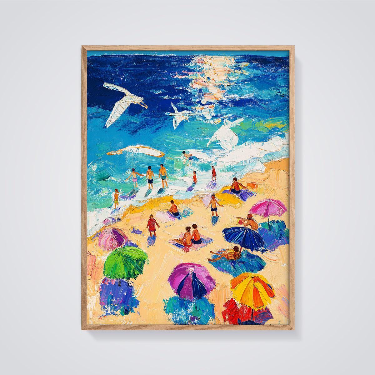 Vibrant Beach Day Print framed in oak on a grey background