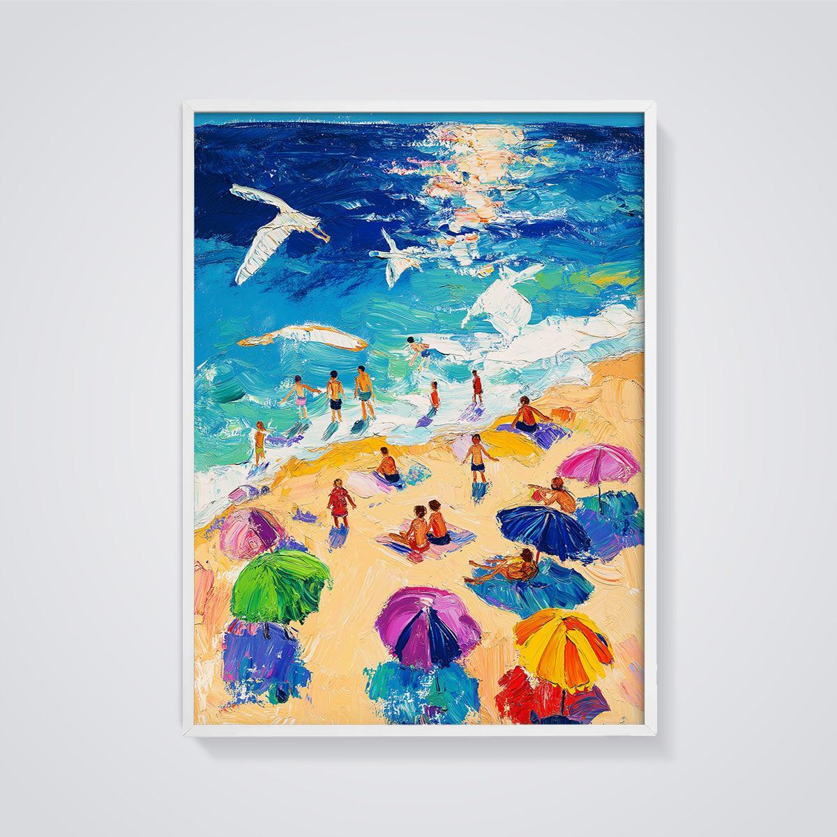 Vibrant Beach Day Print framed in white on a grey background
