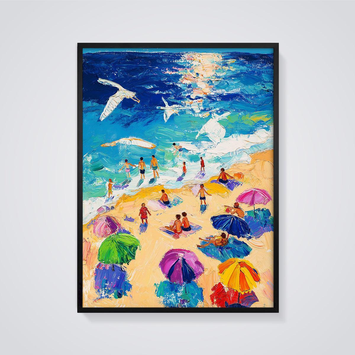 Vibrant Beach Day Print framed in black on a grey background