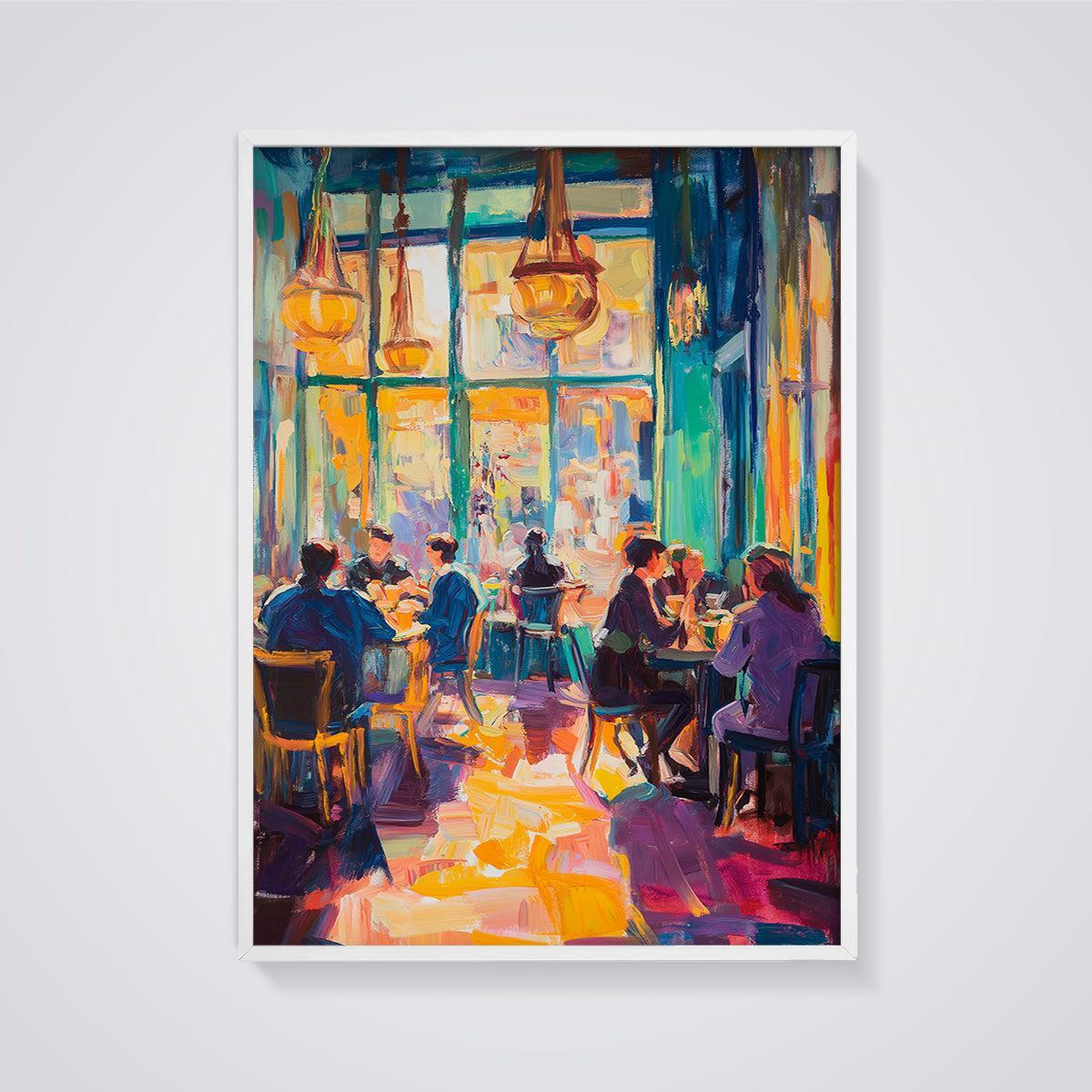 Vibrant Cafe Dining Print framed in white on a grey background