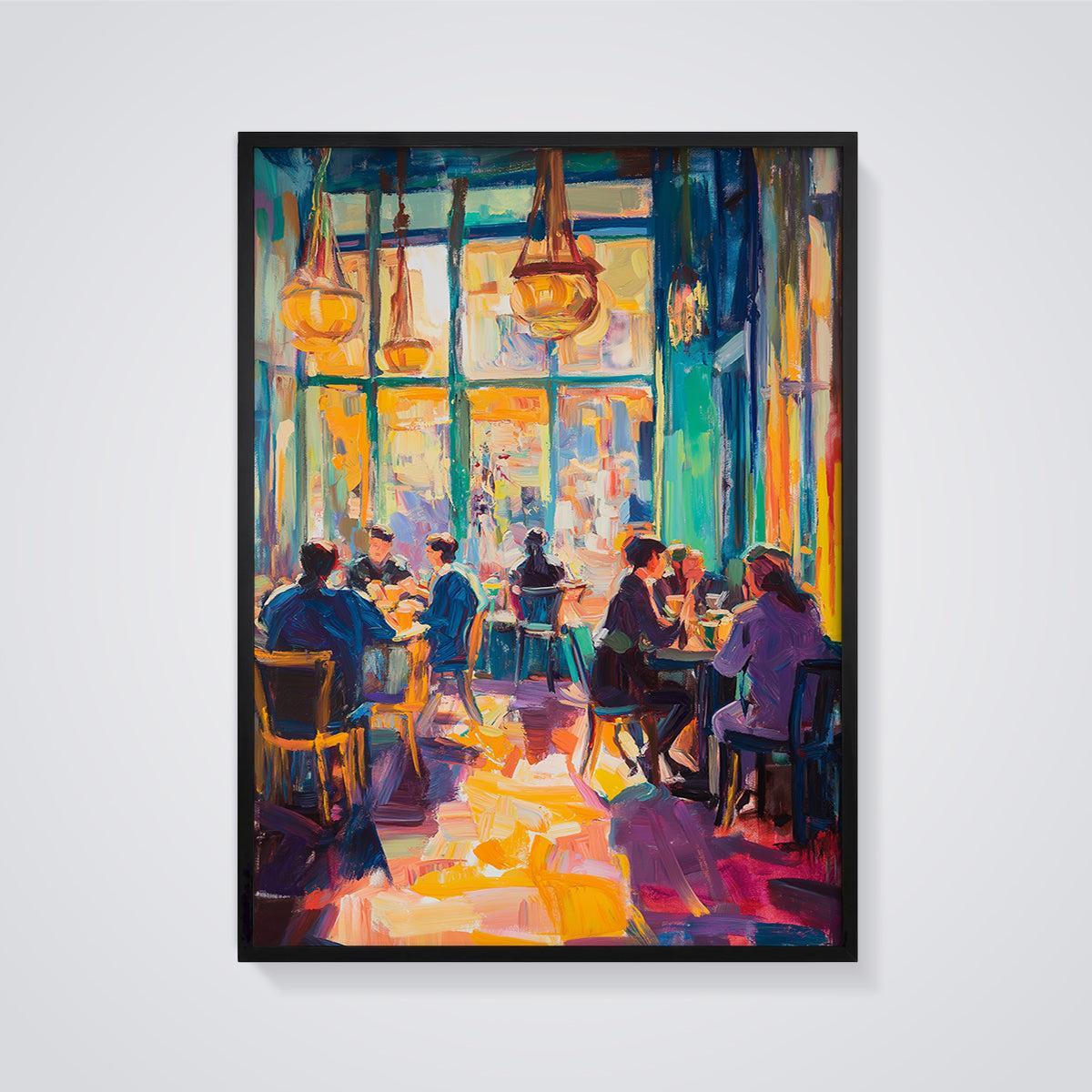 Vibrant Cafe Dining Print framed in black on a grey background
