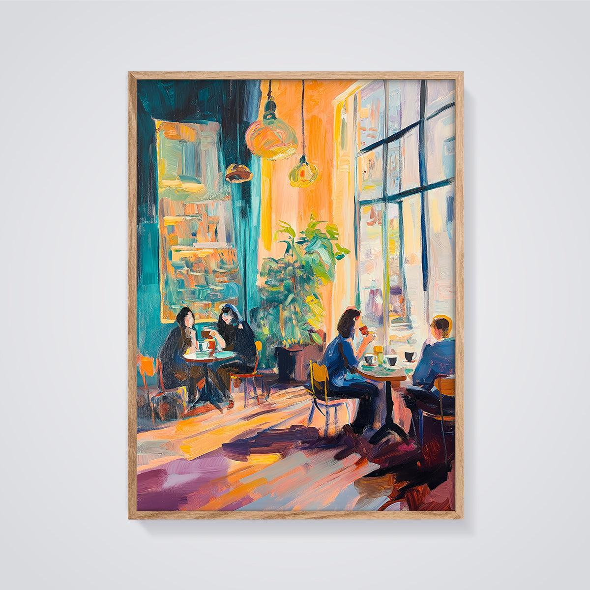 Vibrant Cafe Interior Print framed in oak on a grey background