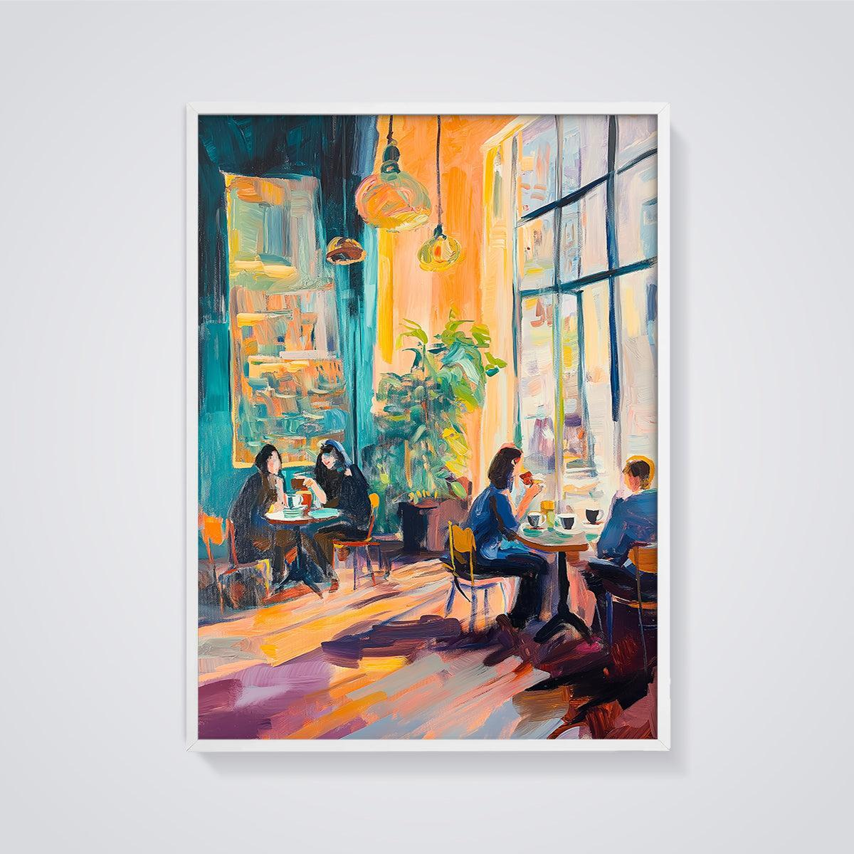 Vibrant Cafe Interior Print framed in white on a grey background