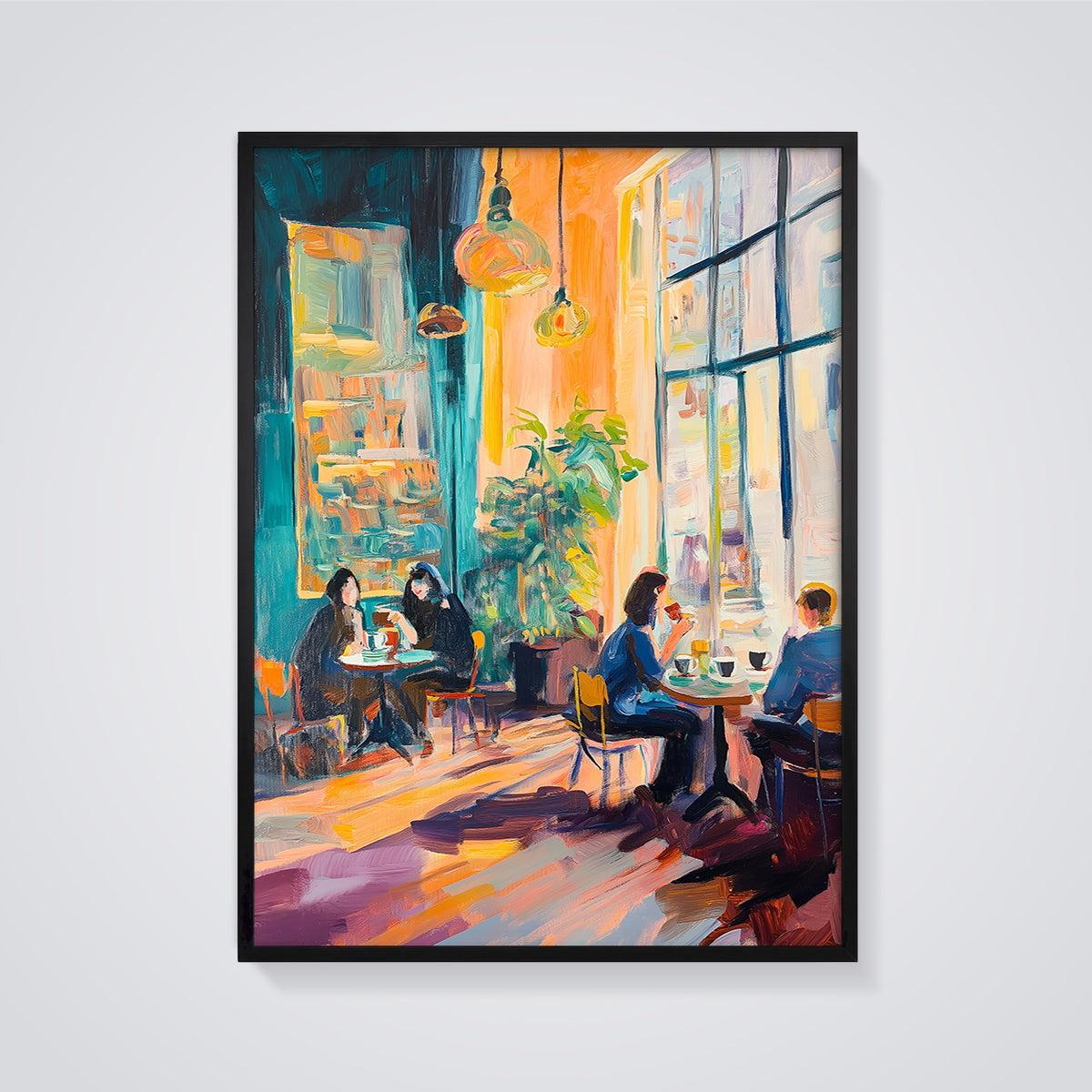 Vibrant Cafe Interior Print framed in black on a grey background