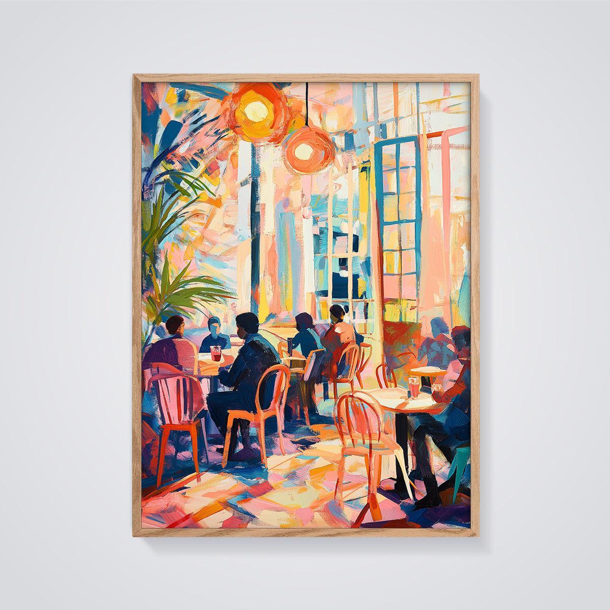 Vibrant Cafe Scene Print framed in oak on a grey background