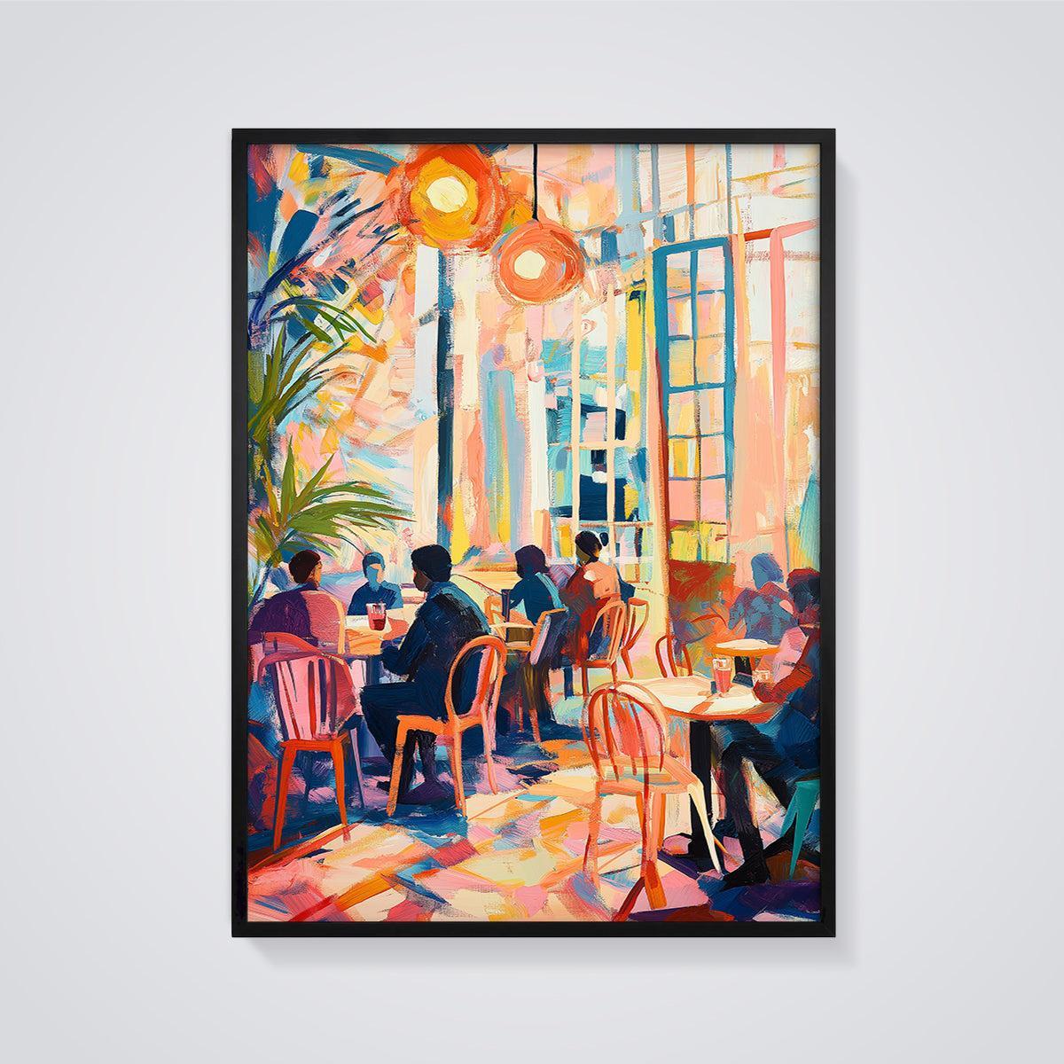 Vibrant Cafe Scene Print framed in black on a grey background
