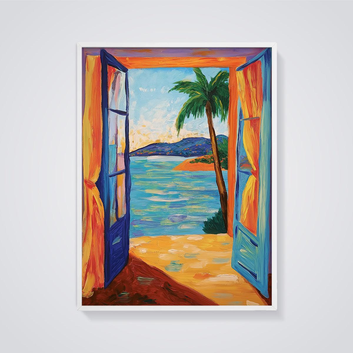 Vibrant Coastal Doorway Print framed in white on a grey background