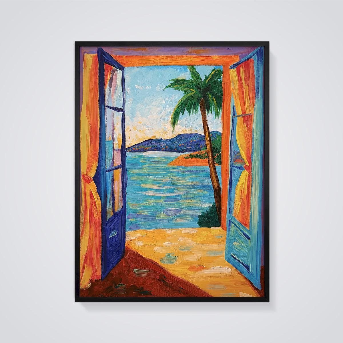 Vibrant Coastal Doorway Print framed in black on a grey background