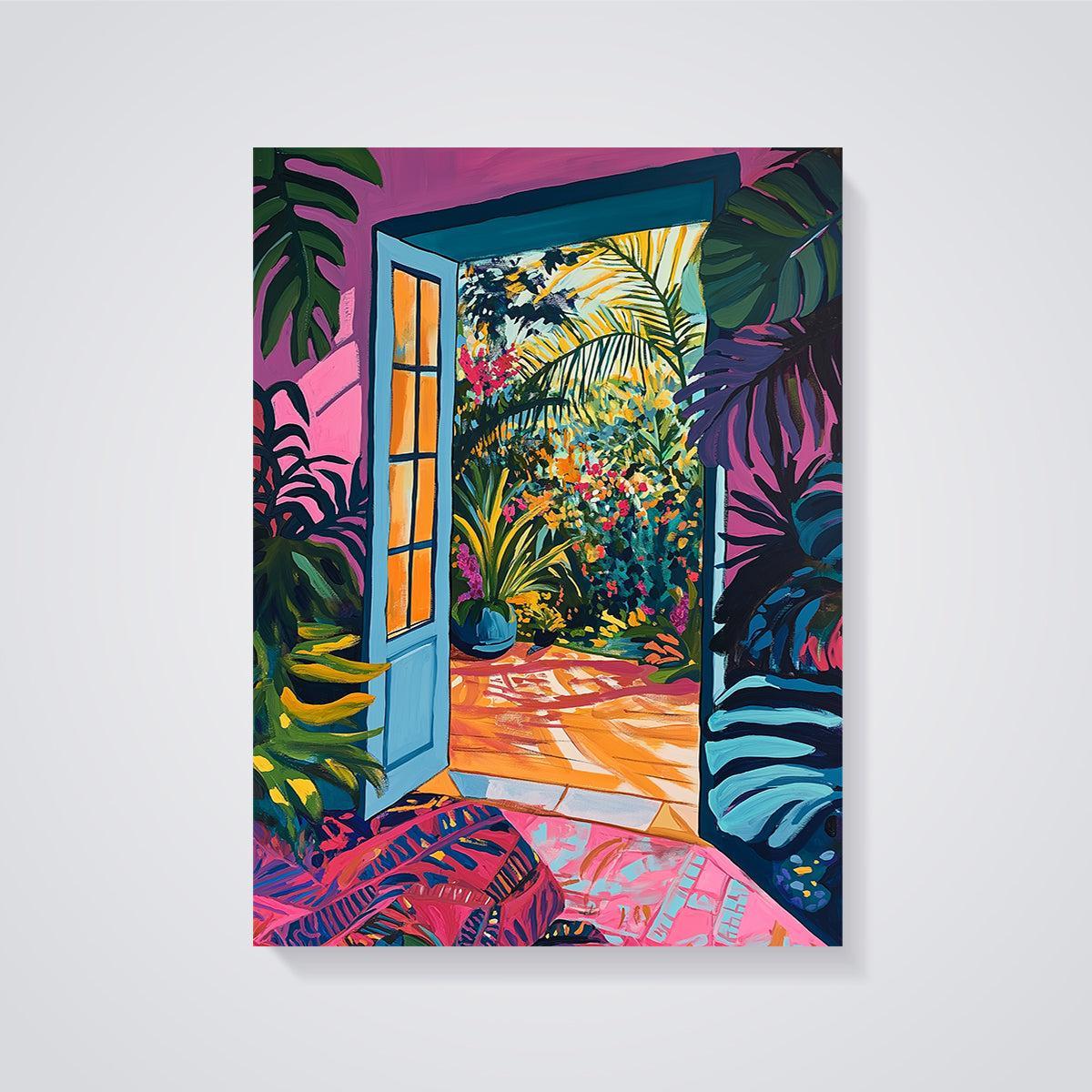 Vibrant Garden Doorway Print unframed on a grey background