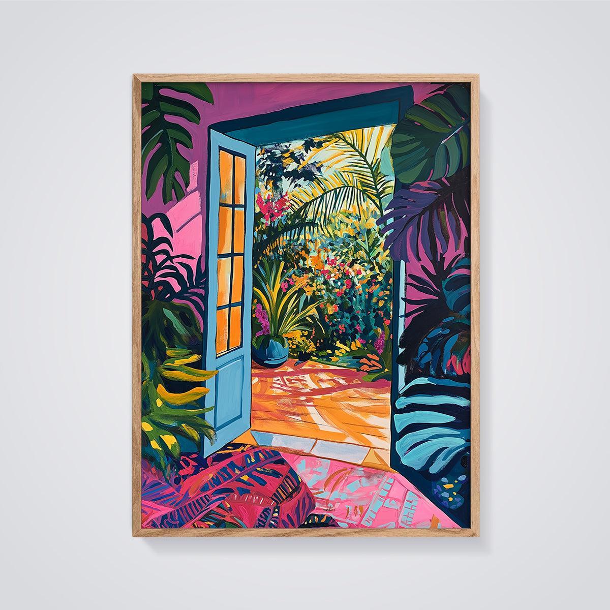 Vibrant Garden Doorway Print framed in oak on a grey background
