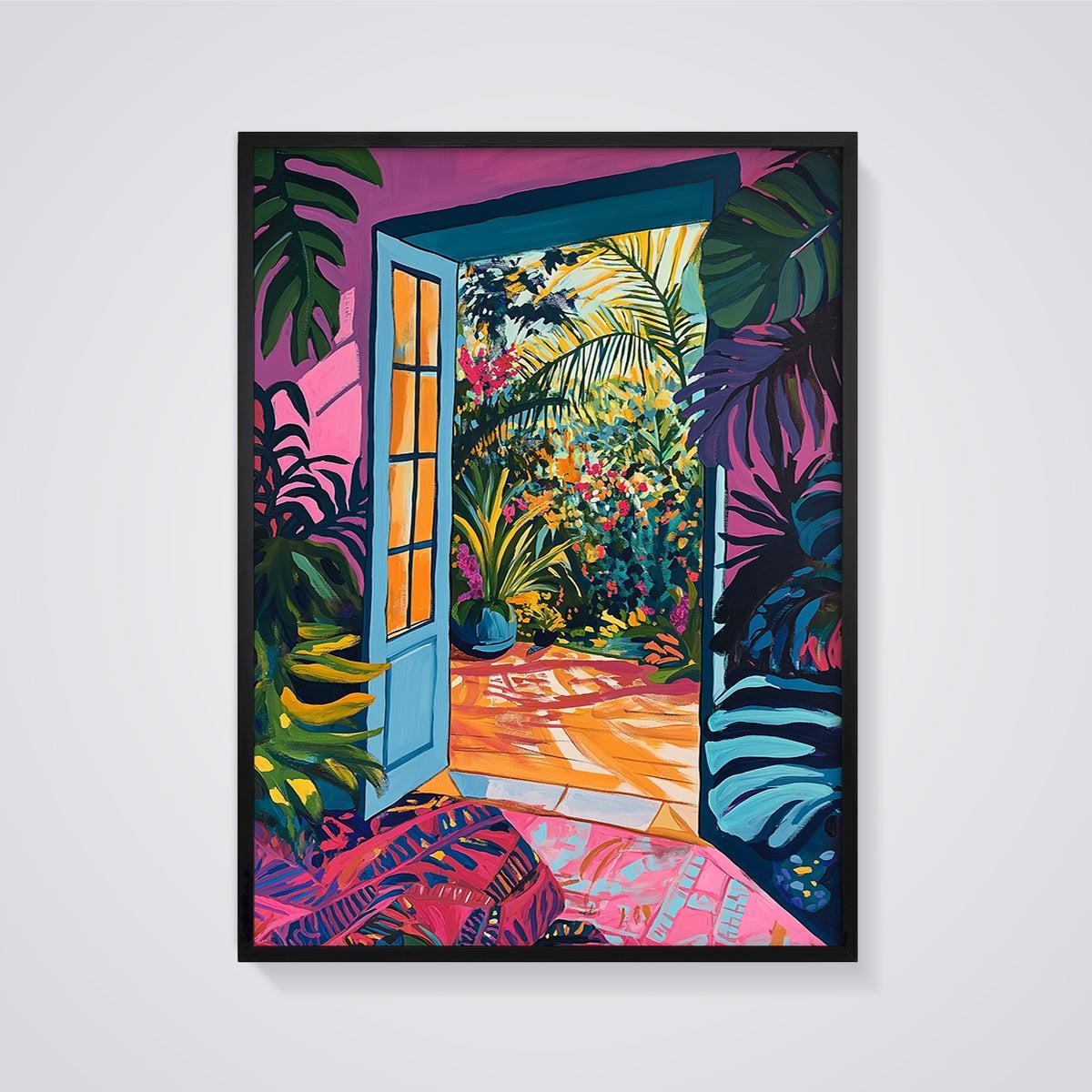 Vibrant Garden Doorway Print framed in black on a grey background