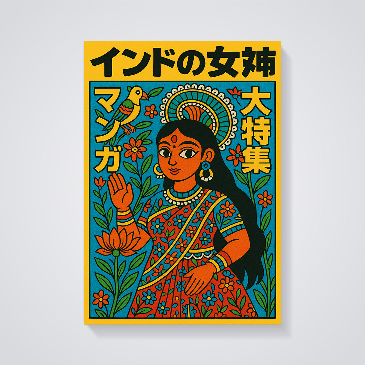 Vibrant Indian Folk Goddess Print unframed on a grey background