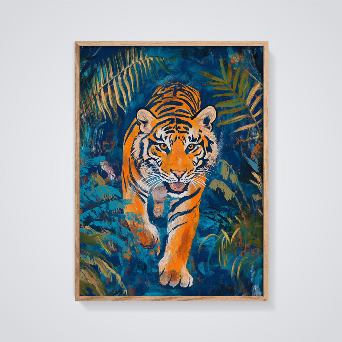 Vibrant Jungle Tiger Print framed in oak on a grey background