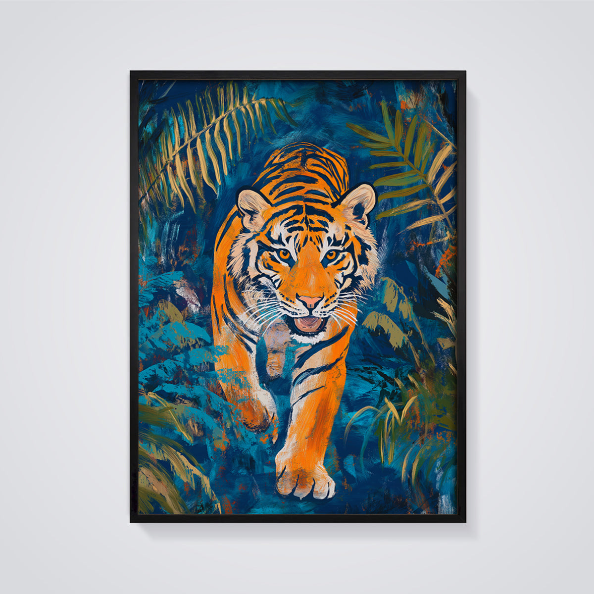 Vibrant Jungle Tiger Print framed in black on a grey background