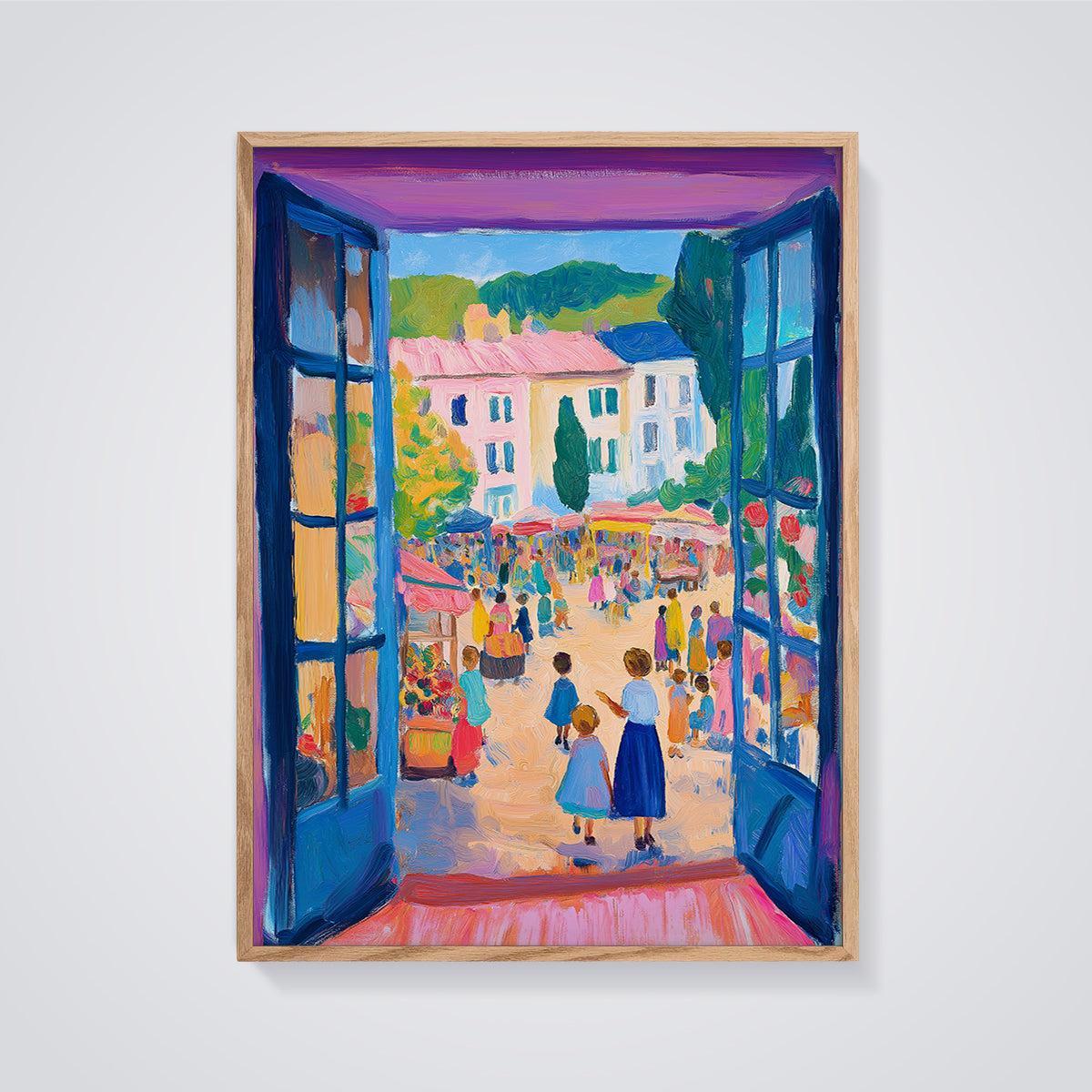Vibrant Market Through Open Doors Print framed in oak on a grey background