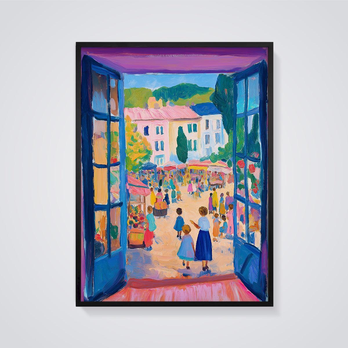 Vibrant Market Through Open Doors Print framed in black on a grey background