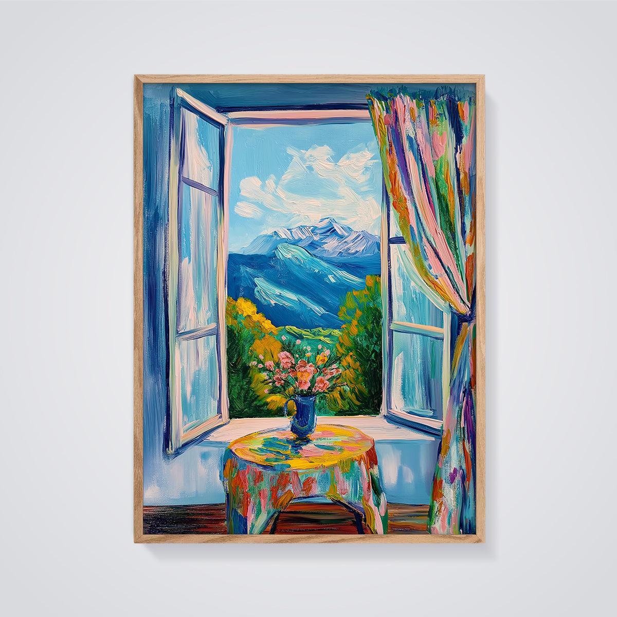 Vibrant Mountain Window Print framed in oak on a grey background