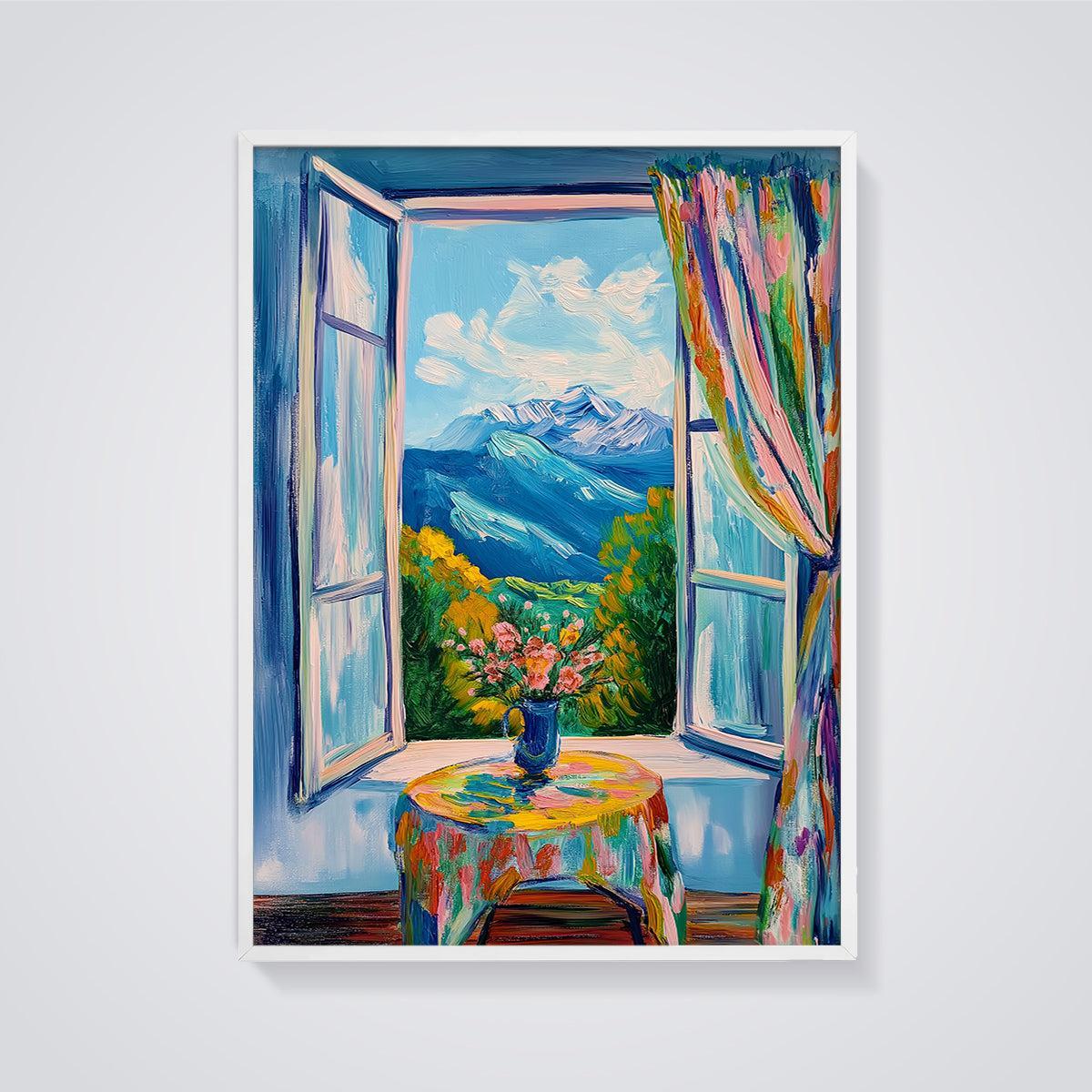 Vibrant Mountain Window Print framed in white on a grey background