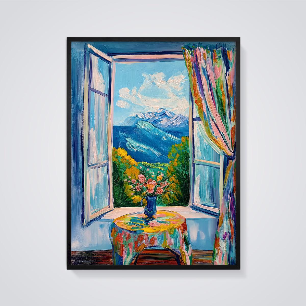 Vibrant Mountain Window Print framed in black on a grey background