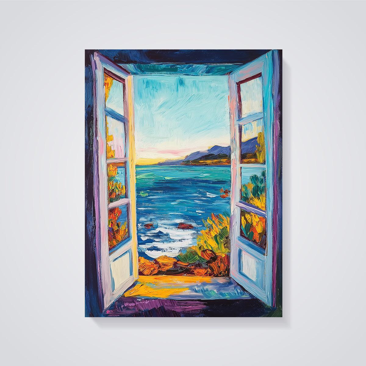 Vibrant Ocean Window Print unframed on a grey background