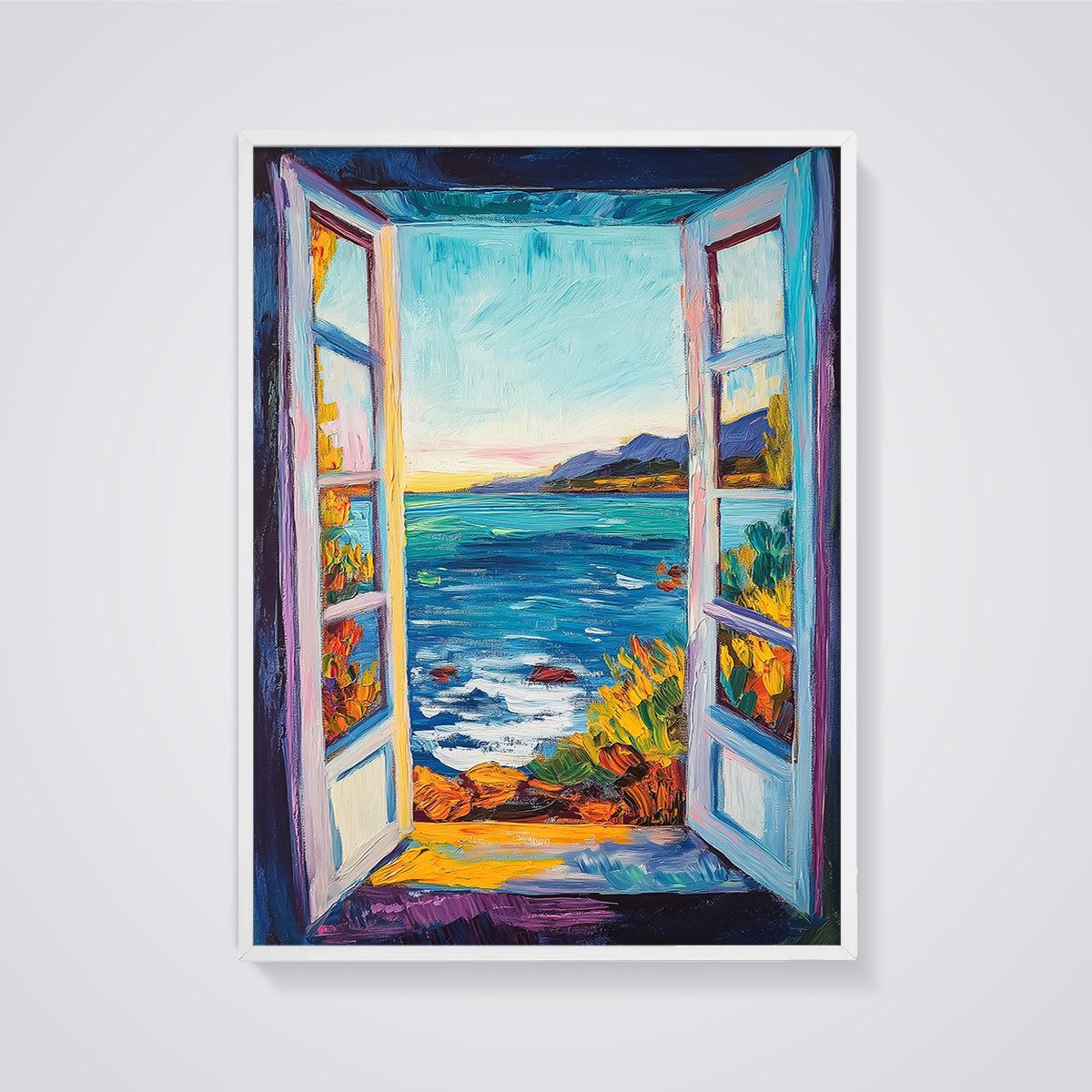Vibrant Ocean Window Print framed in white on a grey background