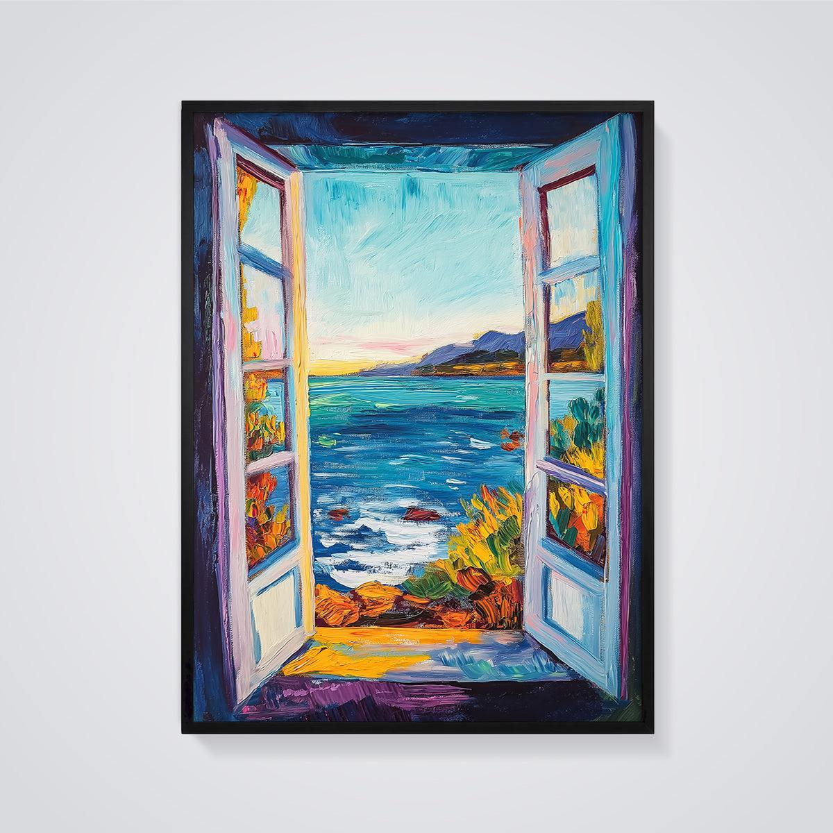 Vibrant Ocean Window Print framed in black on a grey background