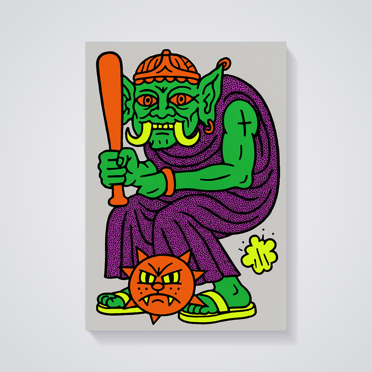 Vibrant Ogre Bat Print unframed on a grey background