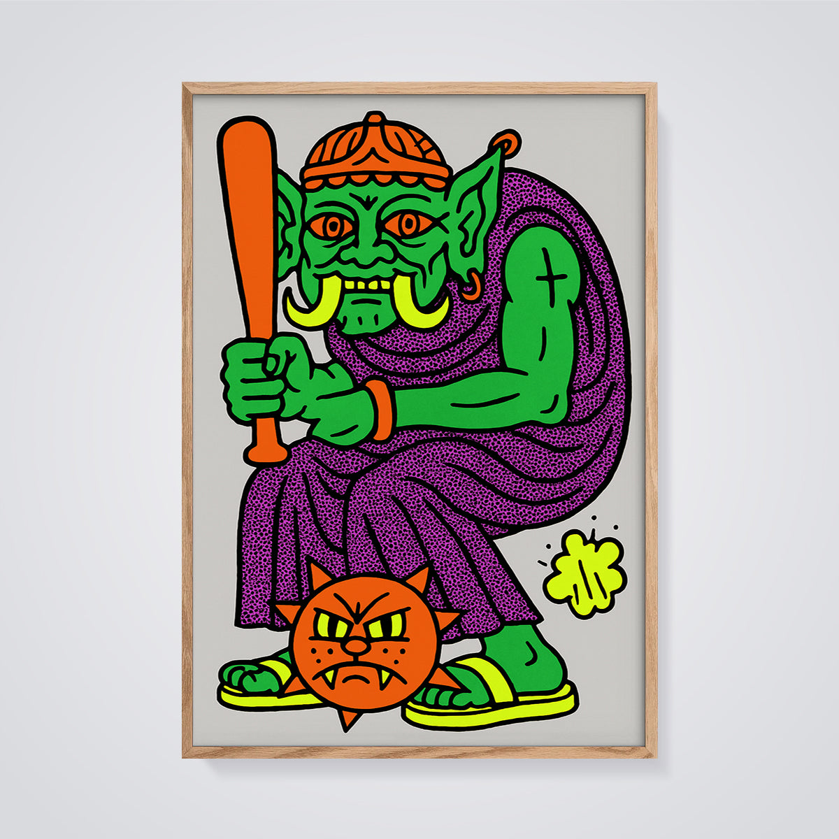 Vibrant Ogre Bat Print framed in oak on a grey background