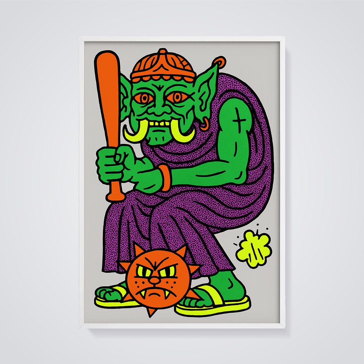 Vibrant Ogre Bat Print framed in white on a grey background