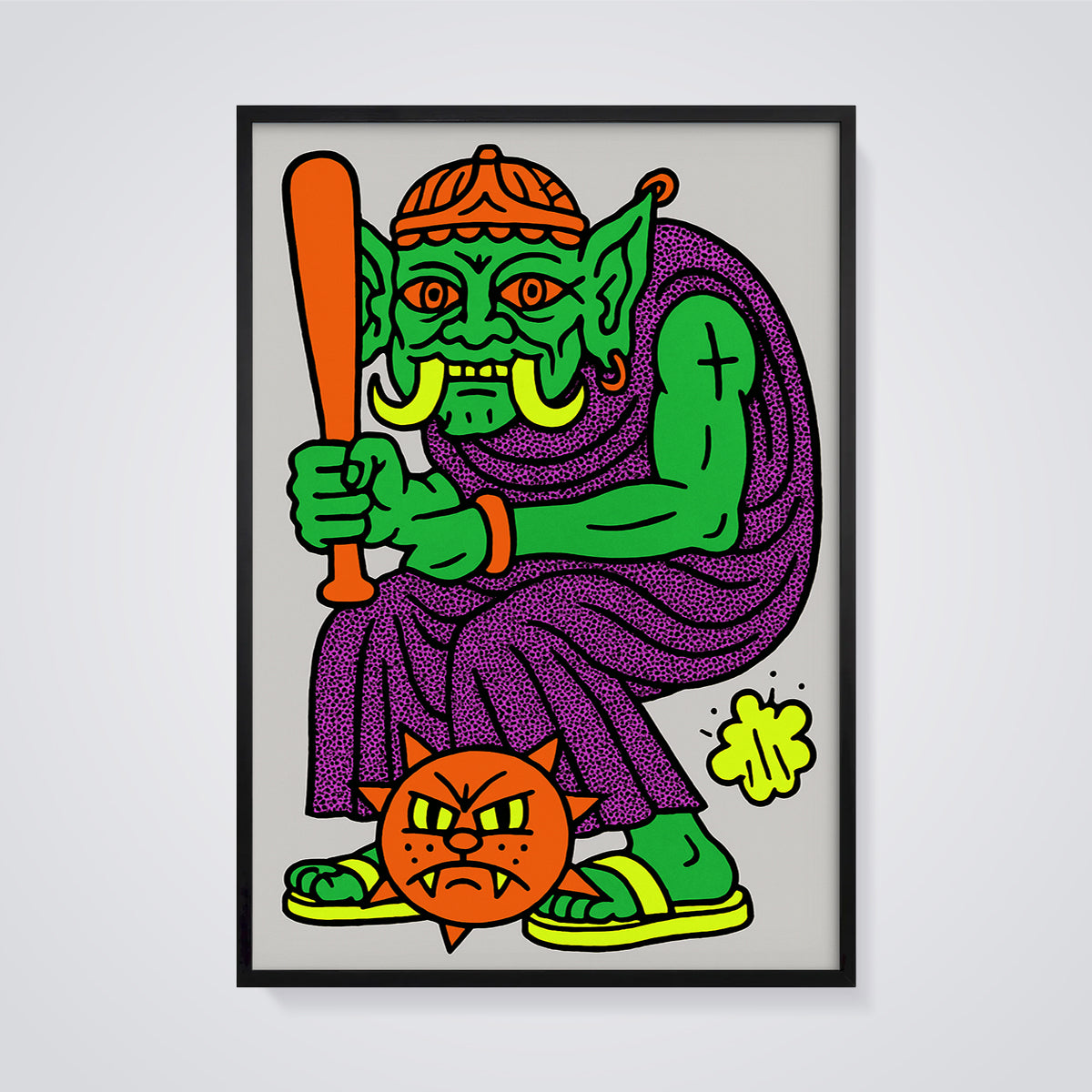 Vibrant Ogre Bat Print framed in black on a grey background