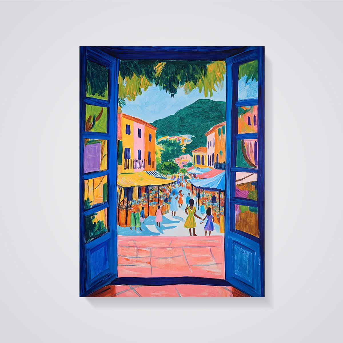 Vibrant Open Door Market Print unframed on a grey background