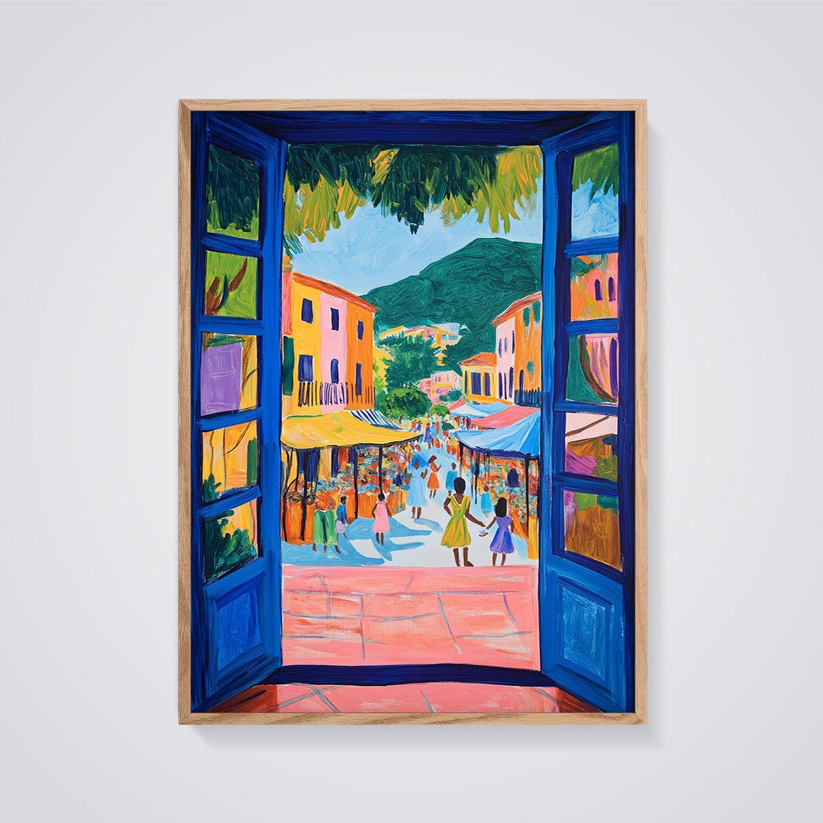 Vibrant Open Door Market Print framed in oak on a grey background