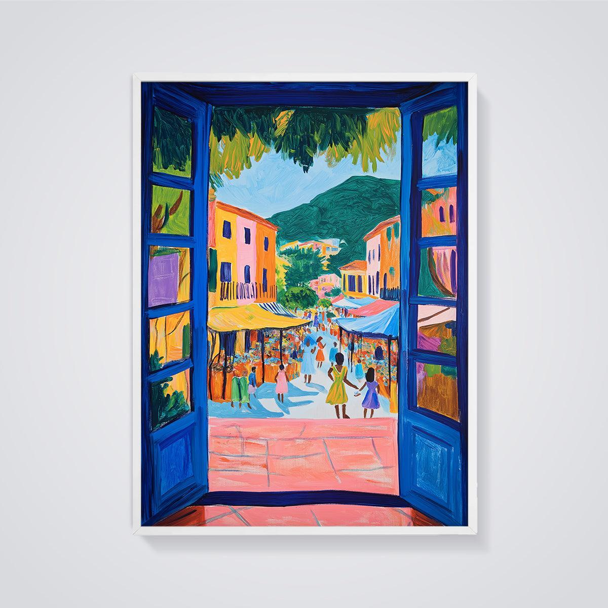 Vibrant Open Door Market Print framed in white on a grey background