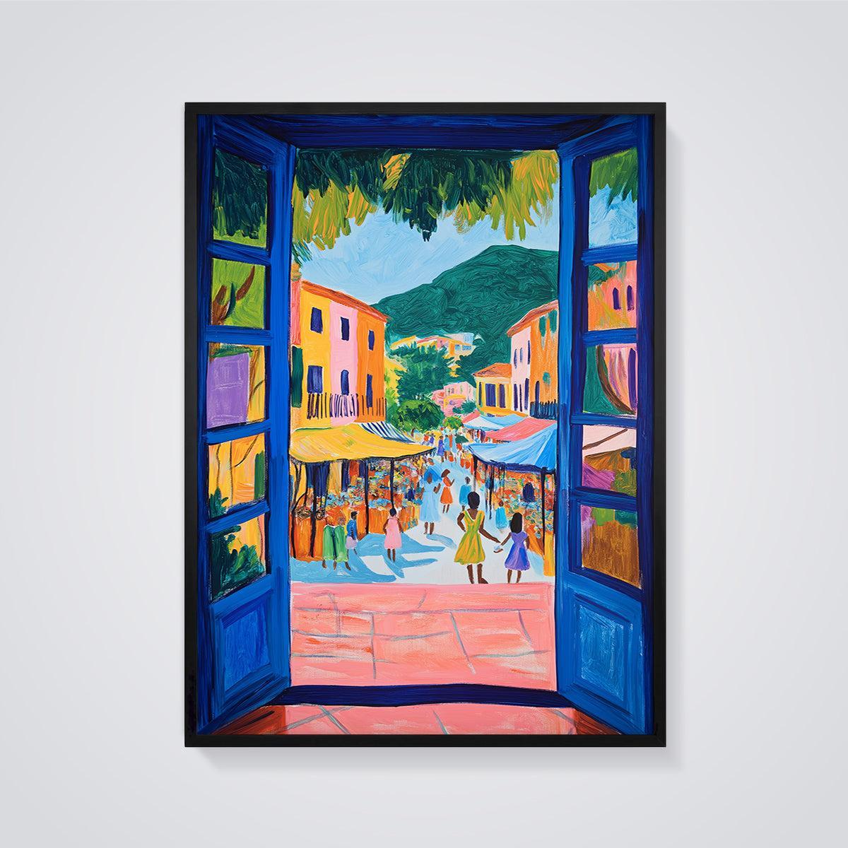 Vibrant Open Door Market Print framed in black on a grey background