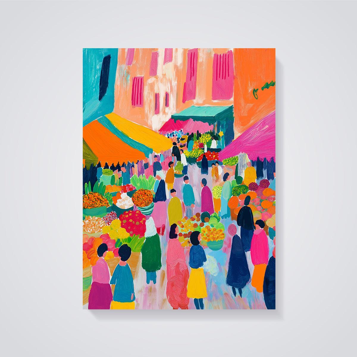 Vibrant Outdoor Market Print unframed on a grey background